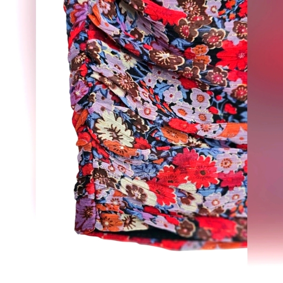 🆕️Zara Ruched Red Pink & Gold Ruched Puff Sleeve Mini Chiffon Draped Dress M - Picture 10 of 16